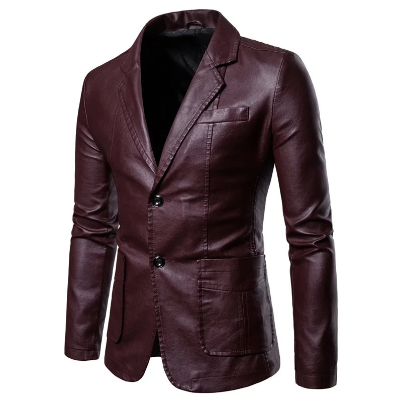 2023 Spring Autumn Fashion New Men's Lapel Leather Dress Suit Coat / Male Business Casual Pu Blazers Jacket - Vakasi