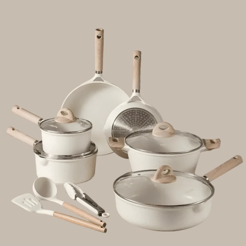 Granite Nonstick Cookware Set 13 Piece Eco-friendly Induction Healthy White Utensils Glass Lids