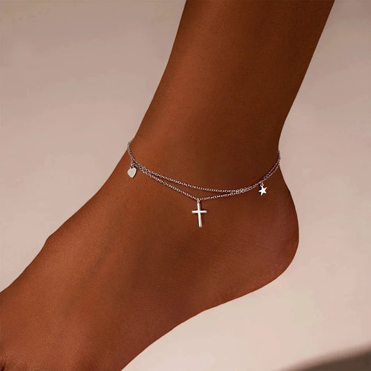 925 Sterling Silver Cross Shape Glossy Anklet