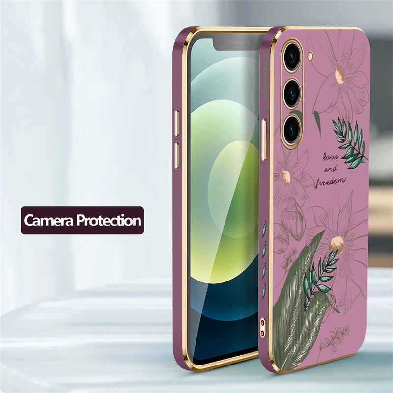 S24 Plating Case For Samsung Galaxy S23 Ultra S22 S21 Plus S20 fe S10 Soft Silicone Pattern Flower Cover Funda