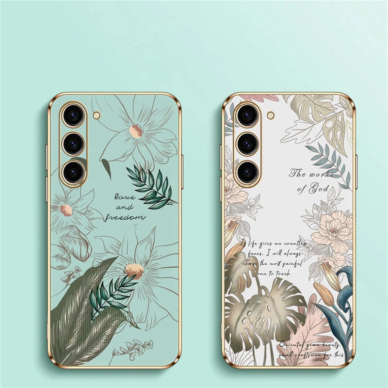 S24 Plating Case For Samsung Galaxy S23 Ultra S22 S21 Plus S20 fe S10 Soft Silicone Pattern Flower Cover Funda