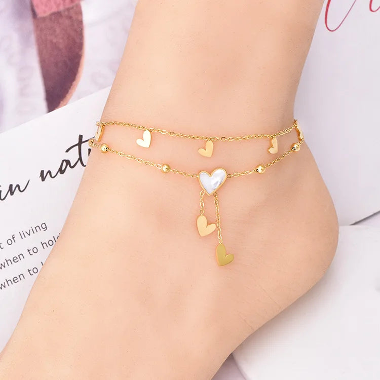 Double Layer Heart Tassel Ankle Bracelet