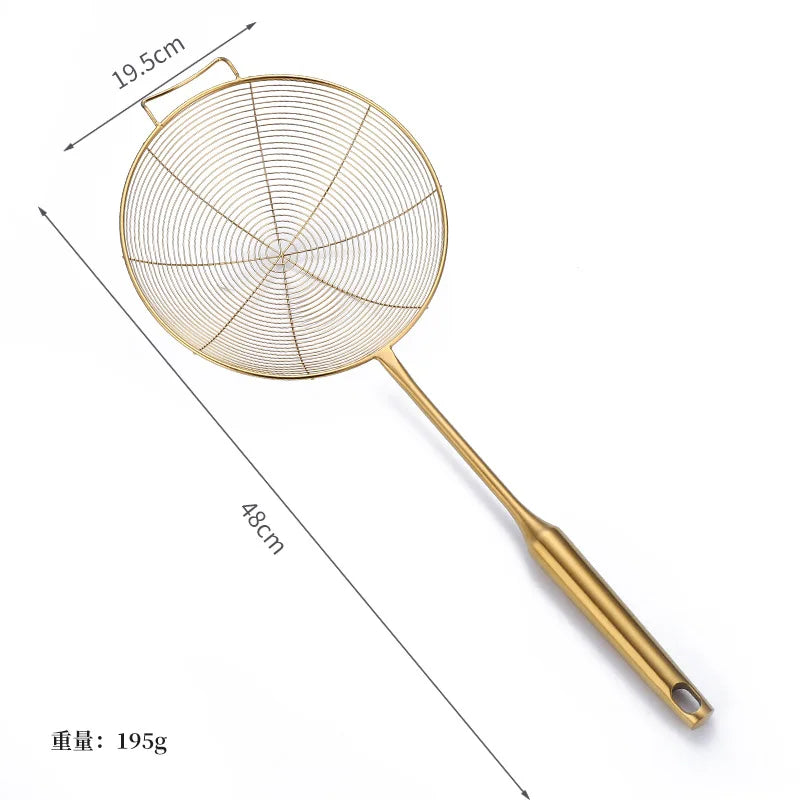 Golden Stainless Steel Skimmer Strainer Colander Oil Filter Frying Scoop with Long Handle Noodles Dumpling Sieves Kitchen Tools