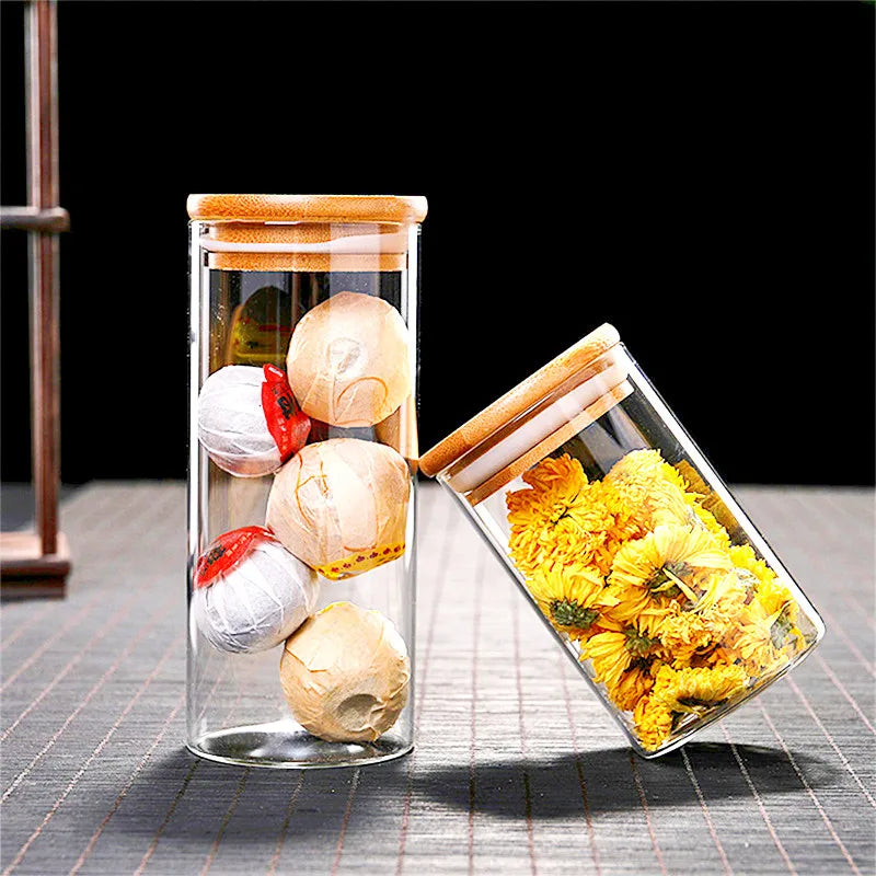 Glass Jar With Bamboo Lid Sealed Canister Food Storage Bottles Container Storage For Loose Tea Coffee Bean Kitchen Accessories