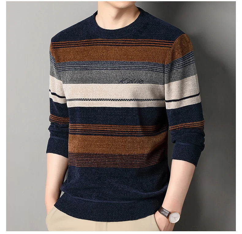 Mens Thickened Sweater Stripe Velvet Pullover Men's Winter Clothes Elegant Luxury Brand Fashion Knitted Sweaters - Vakasi