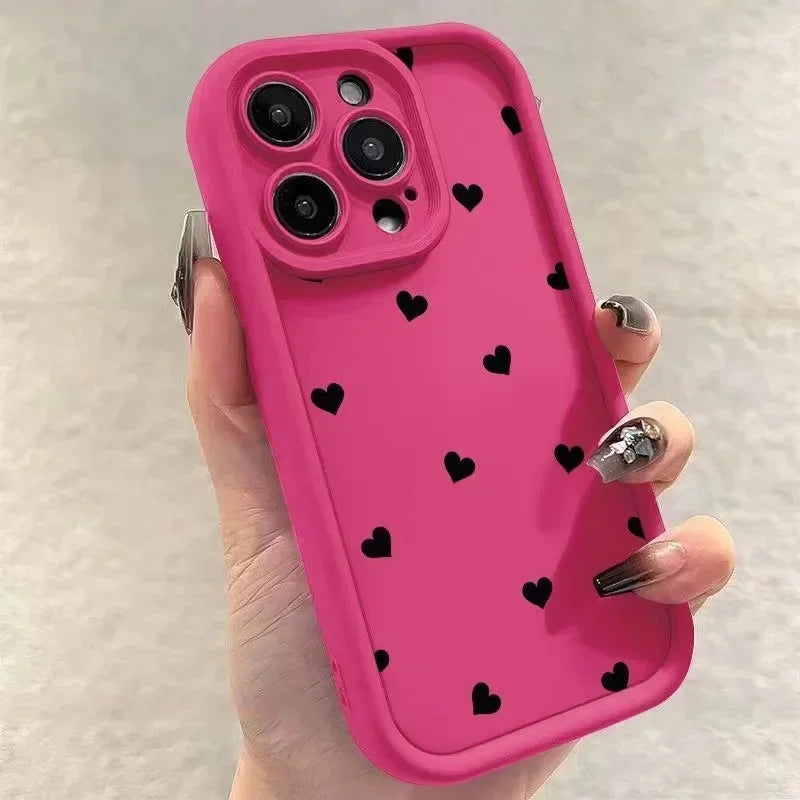 Luxury Black Full Screen Love Heart Phone Case For iPhone 11 12 13 14 15 16 Pro Max XR XS X 7 8 Plus SE 2020 Silicone INS Covers