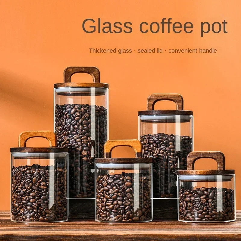 800-2100ml Wood Lid Glass Jar 1pc Airtight Canister Food Container Coffee Beans Kitchen Storage Bottles Sealed Grounds Large Set