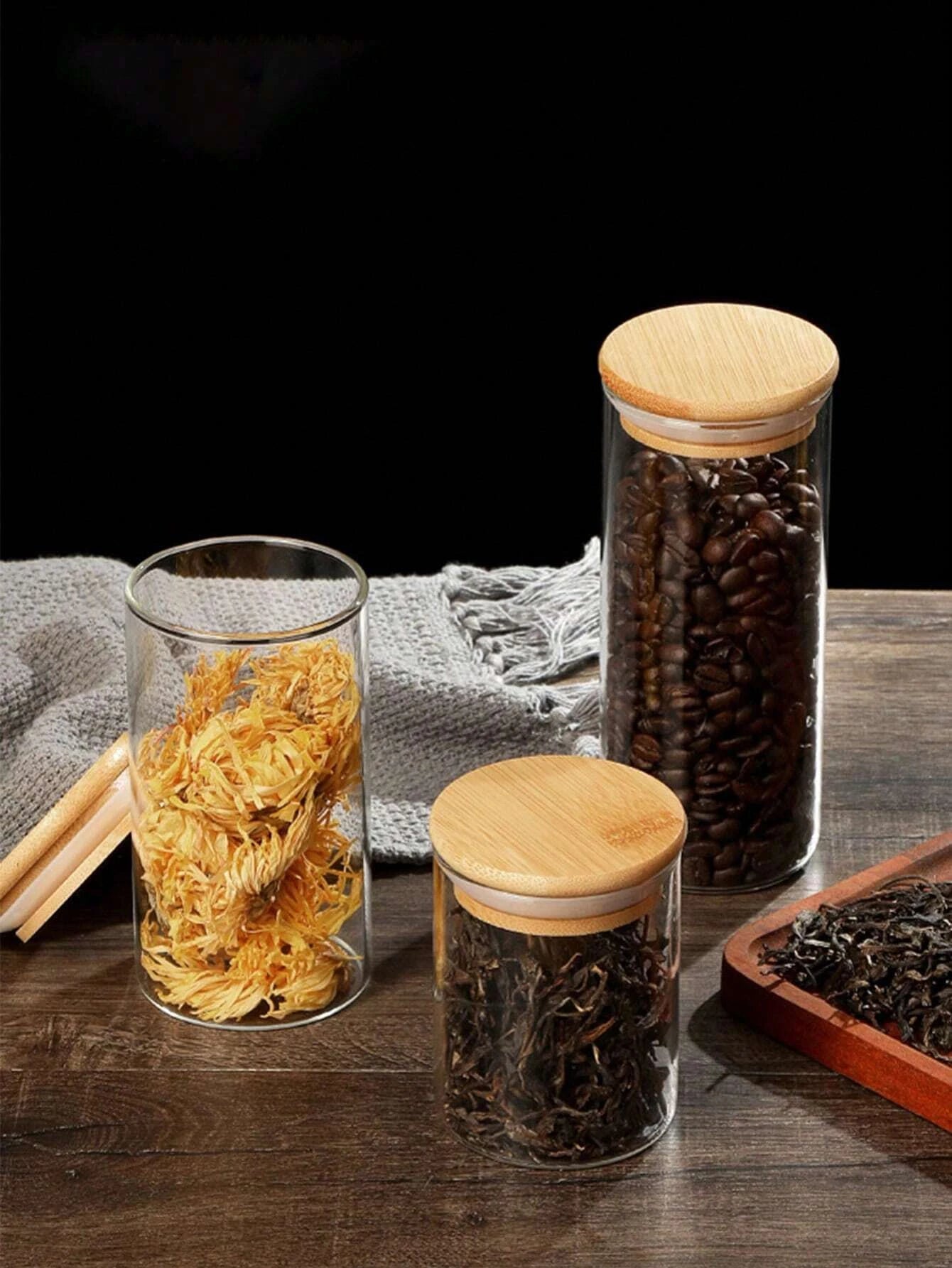 1PC Round Glass Storage Jars with Bamboo Lid for Coffee Beans Grains Noodles food Storage Containers Kitchen Organizers Storage