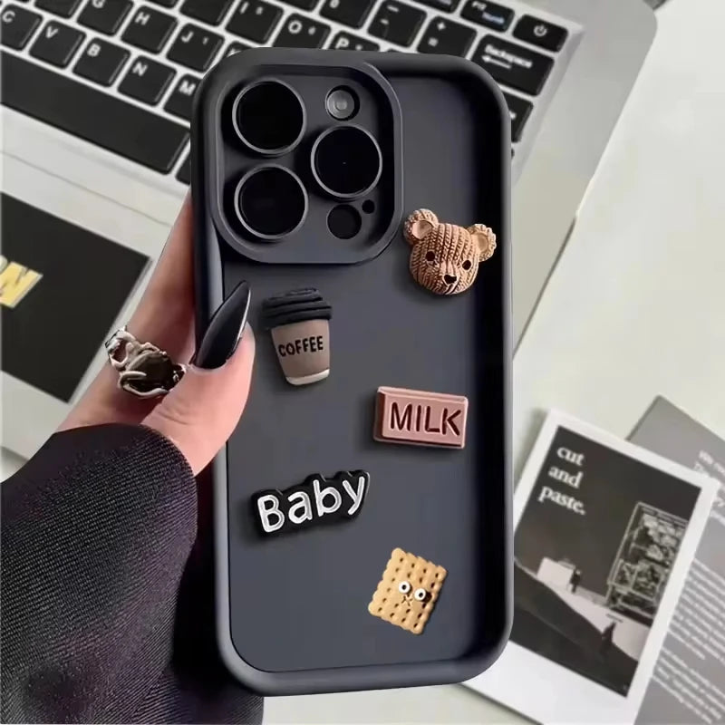 Korean Cute Cartoon 3D Coffee Bear Phone Case For iPhone 11 Case iPhone 13 12 14 16 15 Pro Max XR XS 7 8 Plus SE 2020 Soft Cover