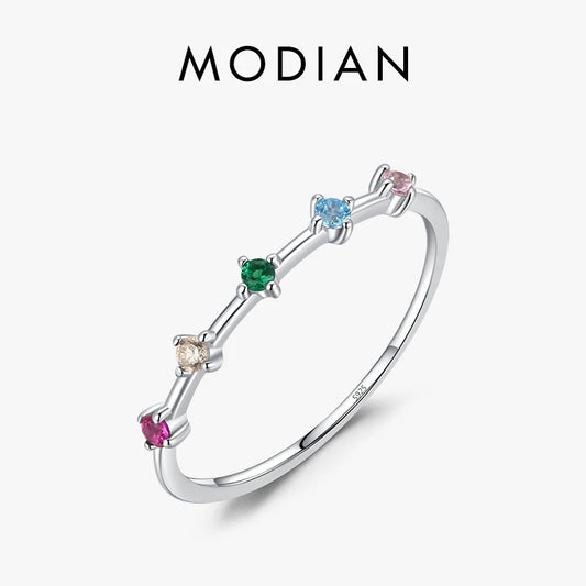 Modian 925 Sterling Silver Rainbow CZ Simulated Diamond Stacking Slim Rings Fashion Bands For Women Korea Style Fine Jewelry