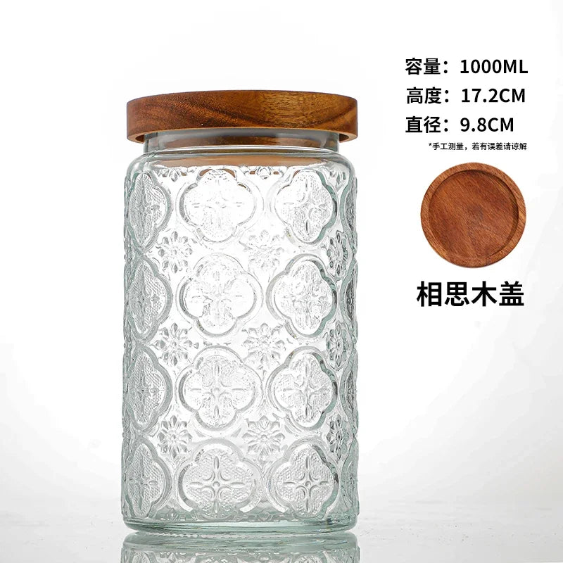 Transparent Glass Storage Jar Retro Relief Haitang Pattern Glass Jar Sealed Jar Household Round Glass Bottle Candy Storage Box