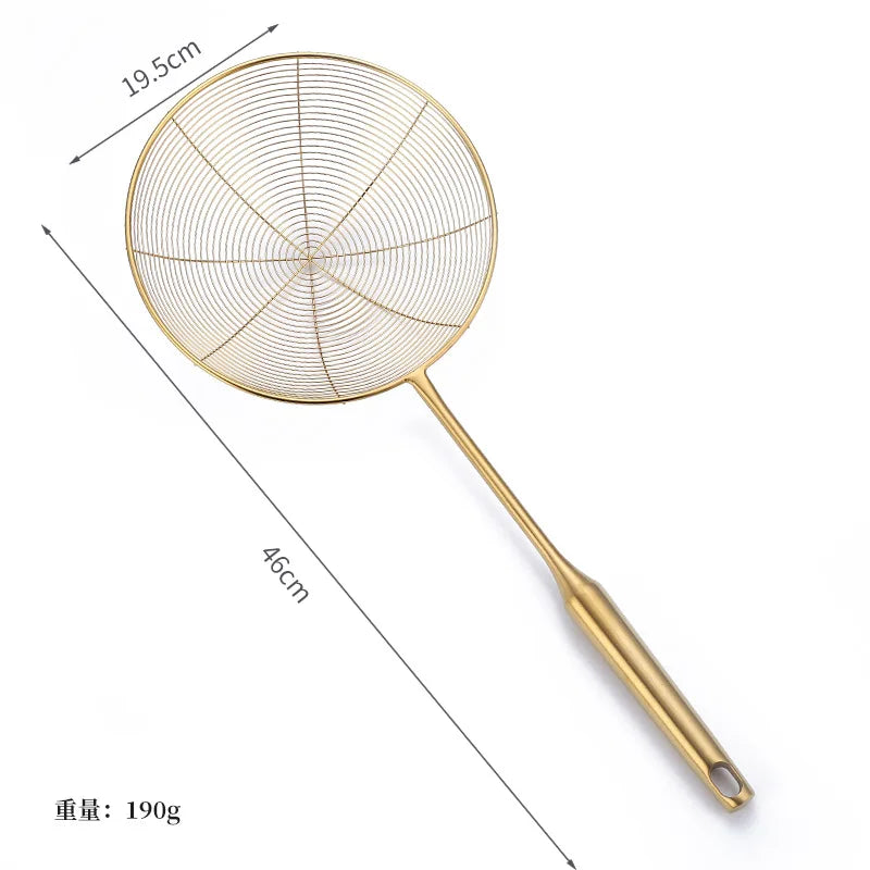 Golden Stainless Steel Skimmer Strainer Colander Oil Filter Frying Scoop with Long Handle Noodles Dumpling Sieves Kitchen Tools