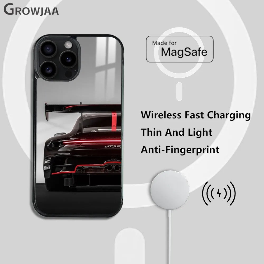 Sports GT3-RS Supercar-911 Phone Case For iPhone 16 15 14 13 12 11 Pro Max Plus Mini New Magsafe Mirror Wireless Magnetic Cover