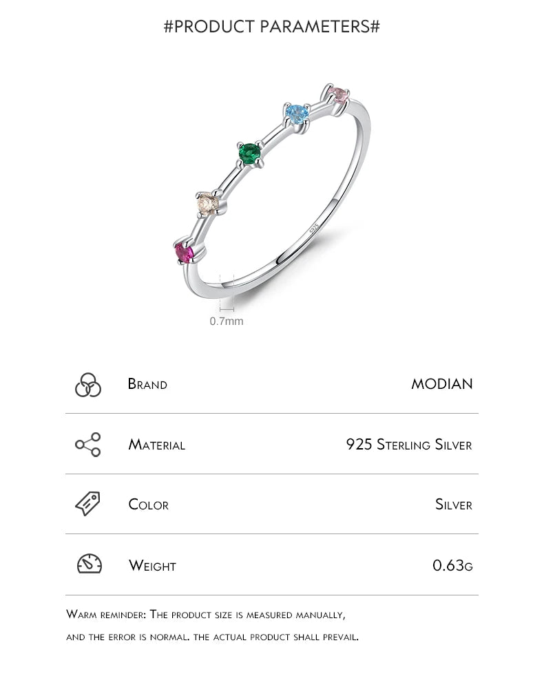 Modian 925 Sterling Silver Rainbow CZ Simulated Diamond Stacking Slim Rings Fashion Bands For Women Korea Style Fine Jewelry