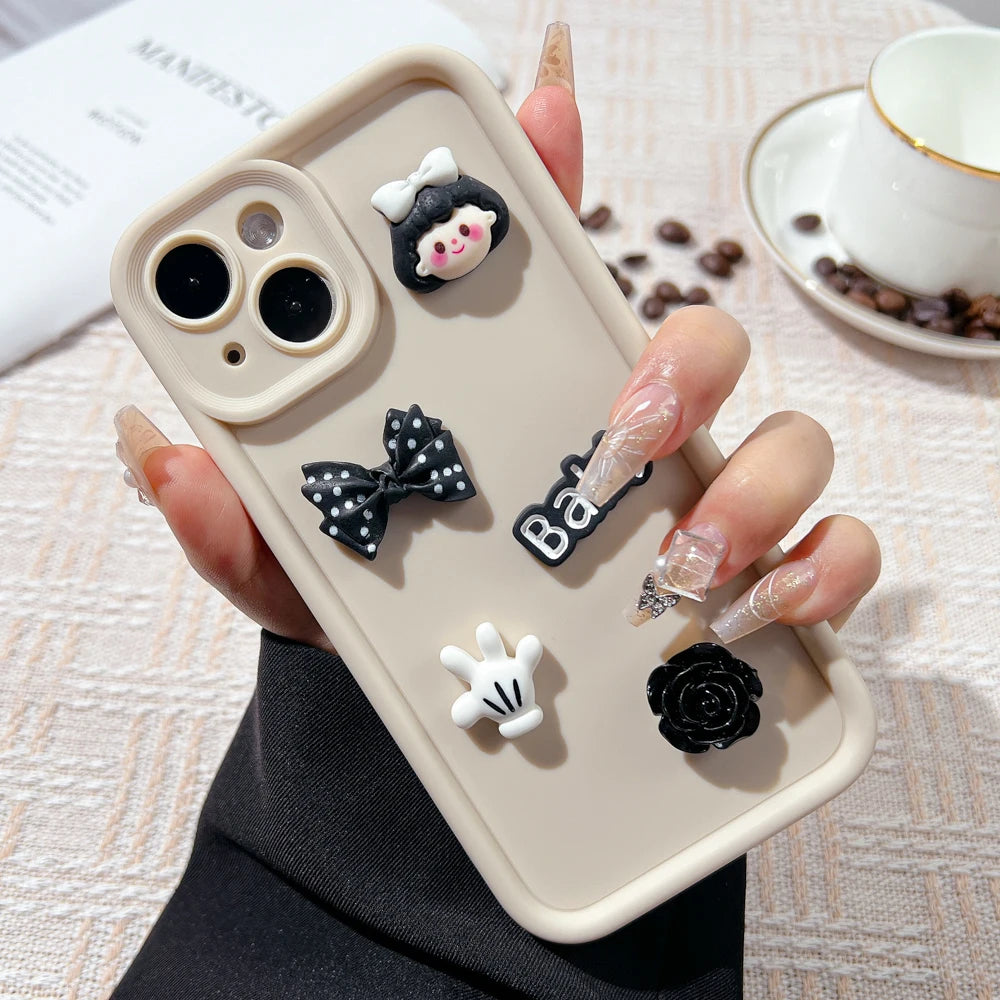 Korean Cute Cartoon 3D Coffee Bear Phone Case For iPhone 11 Case iPhone 13 12 14 16 15 Pro Max XR XS 7 8 Plus SE 2020 Soft Cover