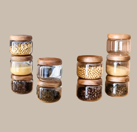 300ml 10oz Kitchen Airtight Spices Seasoning Storage for Food Glass Suger Jars Box with Acacia Wood Lid 1 Piece