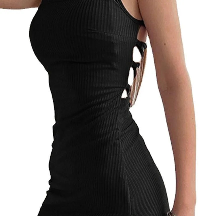 Sexy Black Long Bodycon Dress Women Summer Sleeveless Blackless Halter Neck Spaghetti Strap Dresses High Split Vestidos Vakasi