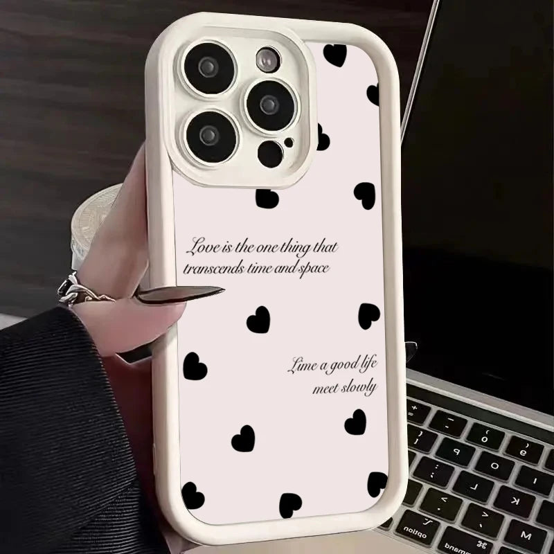 Luxury Black Full Screen Love Heart Phone Case For iPhone 11 12 13 14 15 16 Pro Max XR XS X 7 8 Plus SE 2020 Silicone INS Covers