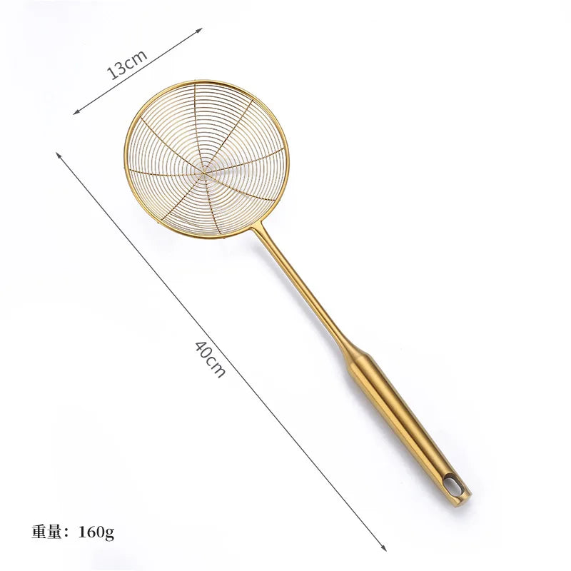 Golden Stainless Steel Skimmer Strainer Colander Oil Filter Frying Scoop with Long Handle Noodles Dumpling Sieves Kitchen Tools