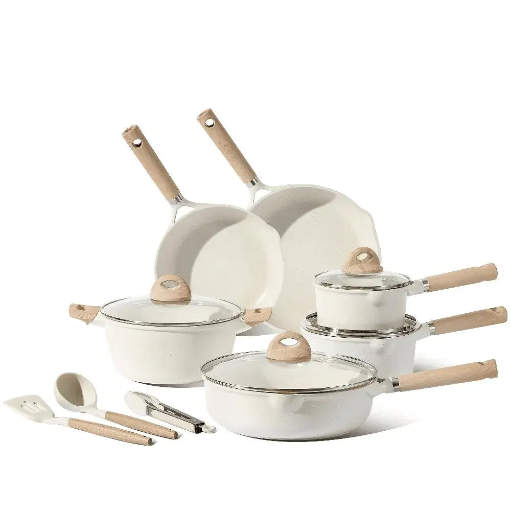 Granite Nonstick Cookware Set 13 Piece Eco-friendly Induction Healthy White Utensils Glass Lids