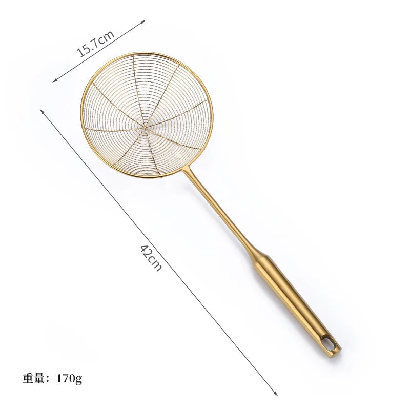 Golden Stainless Steel Skimmer Strainer Colander Oil Filter Frying Scoop with Long Handle Noodles Dumpling Sieves Kitchen Tools