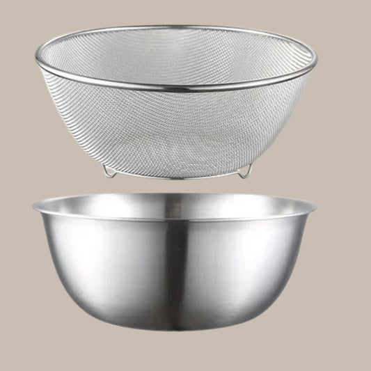 Stainless Steel Drain Basin 2-piece Set with Scale Storage Basin Strainer Rice Washing Basket Kitchen Fruit Draining Rinsing Set