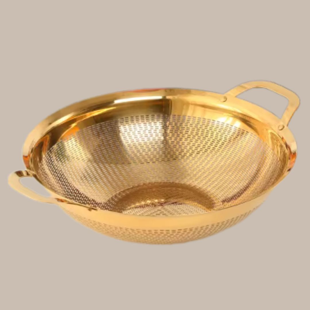 Double Ear Handle Gold Stainless Steel Drain Basket Vegetable Washing Fruit Colander Strainer Metal Rice Sieve Kitchen Utensils